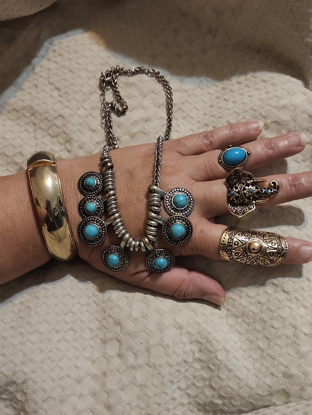 Jewelry Boho Set Turquoise Necklace Silver Gold Bracelet Rings Jewelry Boho Lot